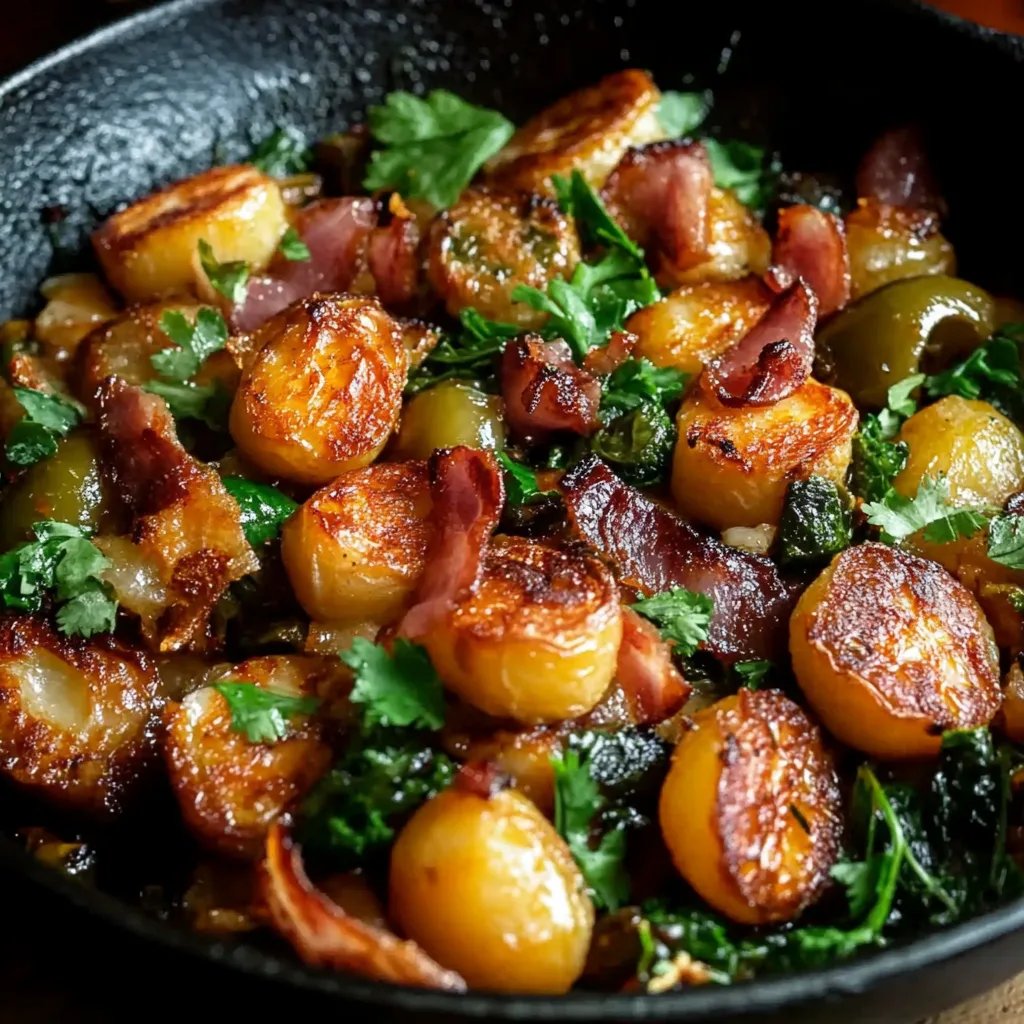 Rosenkohl- und Rinderbauchspeck-Pfanne