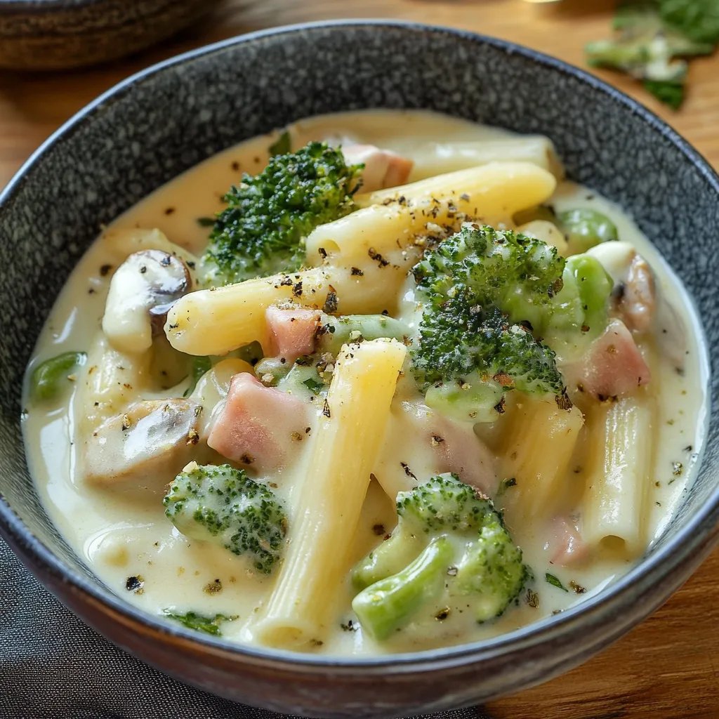 Nudeln in Käse-Sahne-Sauce mit Brokkoli und Schinken