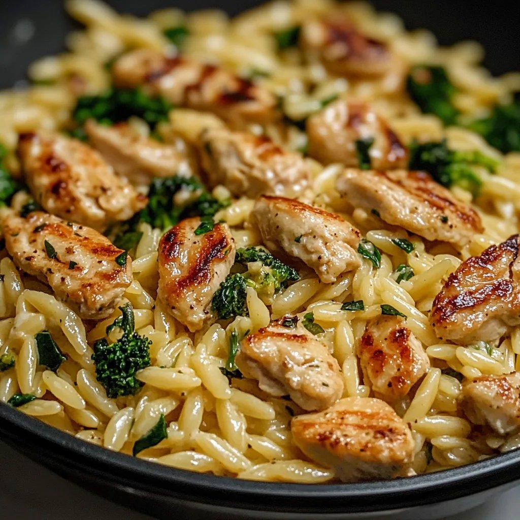 Cremige Hähnchen-Orzo-Pfanne mit Brokkoli