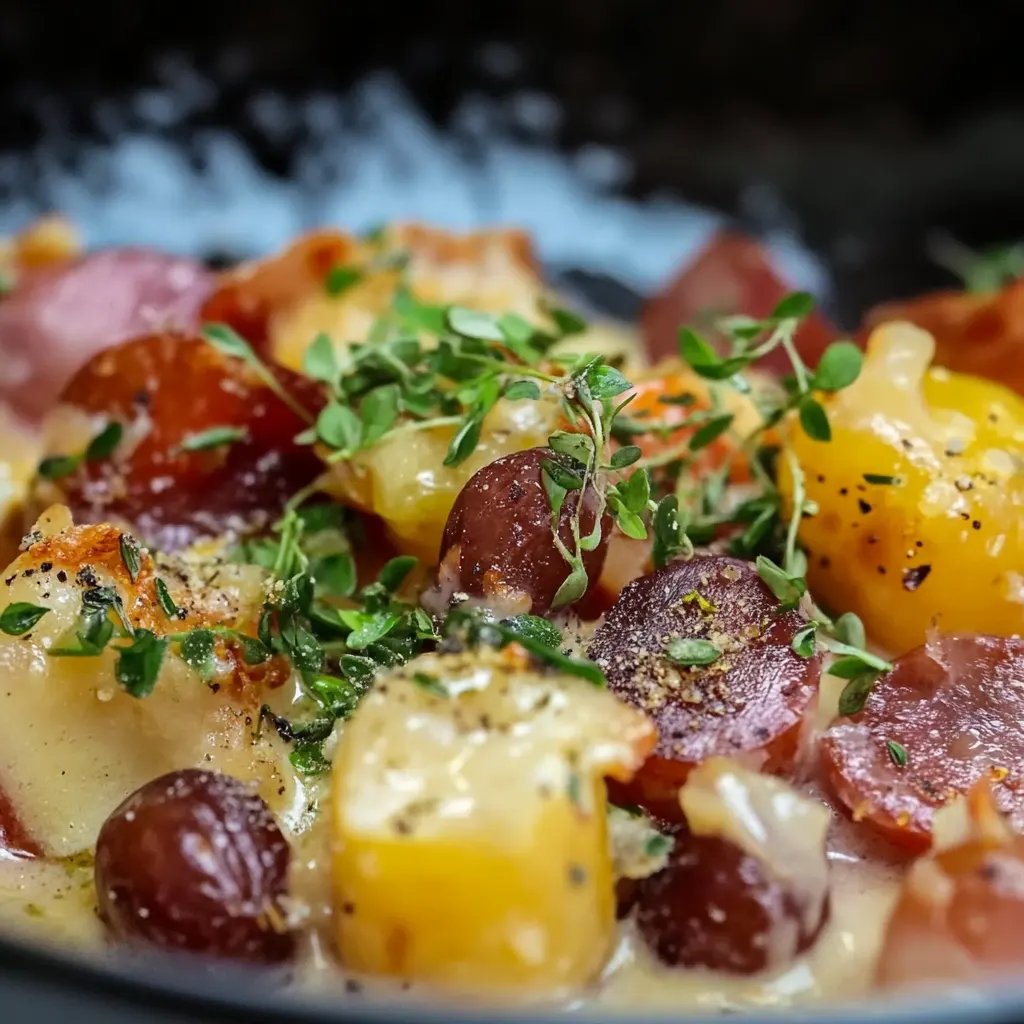 Kartoffelauflauf mit Rosenkohl und Rinderbauchspeck