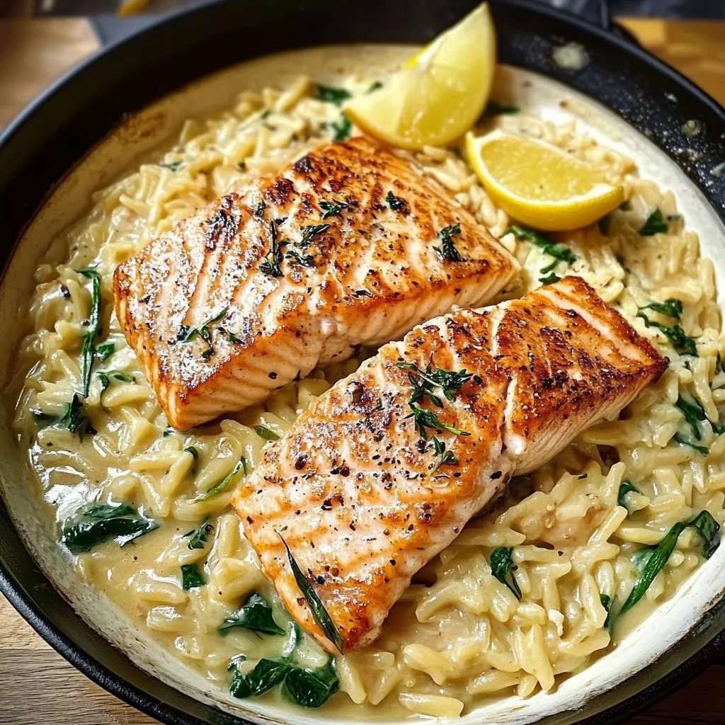 Lachs aus einer Pfanne mit Zitronen-Orzo
